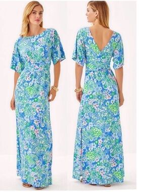 $198 Lilly Pulitzer PARIGI BOAT NECK MAXI DRESS, SUNWASHED BLUE PLUMES IN BLOOM